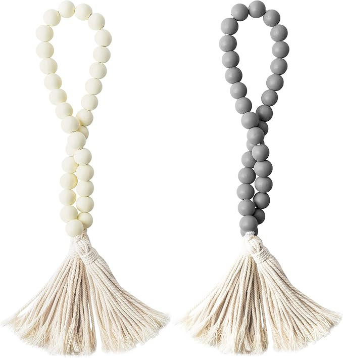 R HORSE 2Pcs Classic Wood Beads Tassel, 27 Inch White & Gray Wood Bead Garland Farmhouse Rustic B... | Amazon (US)