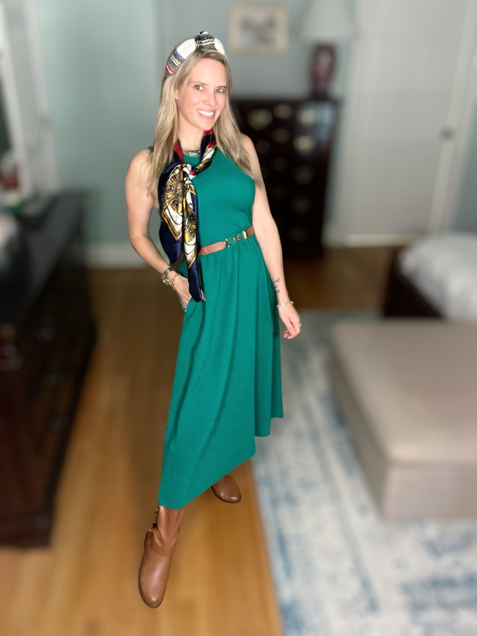 Classic fall styling with rich jewel tones and luxe accessories 🍂✨ This dark green Amazon dress (size S) is a closet staple with a flattering ribbed top and flowy A-line skirt—under $30 and available in several colors! I layered it with a plaid knotted headband and tied a silk scarf at the neck for a vintage-inspired twist 🧣💚 Cinched the waist with a tan belt and finished the look with tall brown boots and a fitted denim jacket.

Accessorized with my go-to gold pieces from Melinda Maria and Abbott Lyon:
💎 Use code PREPPYREBEL for 10% off Melinda Maria!
	•	Lil Frankie Chain Bracelet
	•	Baby Julian Loves Diamonds Bracelet
	•	Lil Frankie Chain Necklace

Plus:
	•	Abbott Lyon Custom Name Tennis Necklace
	•	Abbott Lyon Two Tone Pearl Link Watch

🍁 Perfect for brunch, errands, or casual work days!

#AmazonFashion #FallStyle #PreppyStyle #MelindaMaria #AbbottLyon #LTKFall #LTKunder50 #LTKSeasonalStyle #LTKaccessories

#LTKFindsUnder100 #LTKFindsUnder50 #LTKOver40

#LTKFindsUnder50 #LTKFindsUnder100 #LTKOver40