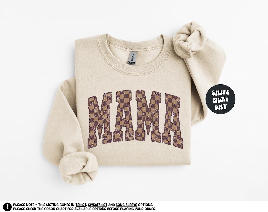Checkered Retro Mama Sweatshirt Tan Checkered Mama Shirt Mother's Day Gift Mama Sweatshirt Checke... | Etsy (US)