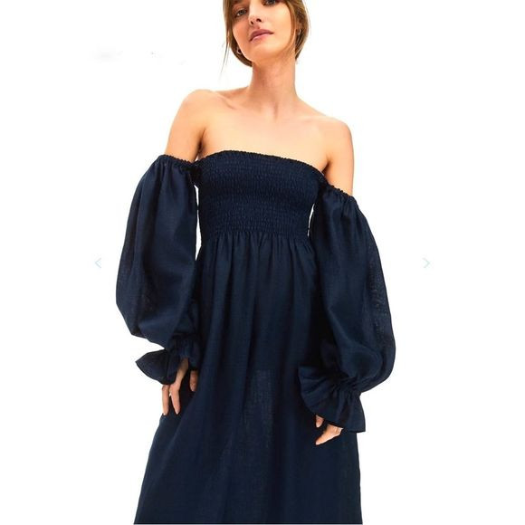 Sleeper Atlanta Linen Dress Navy Blue Puff Sleeve Off Shoulder Smocked Midi | Poshmark