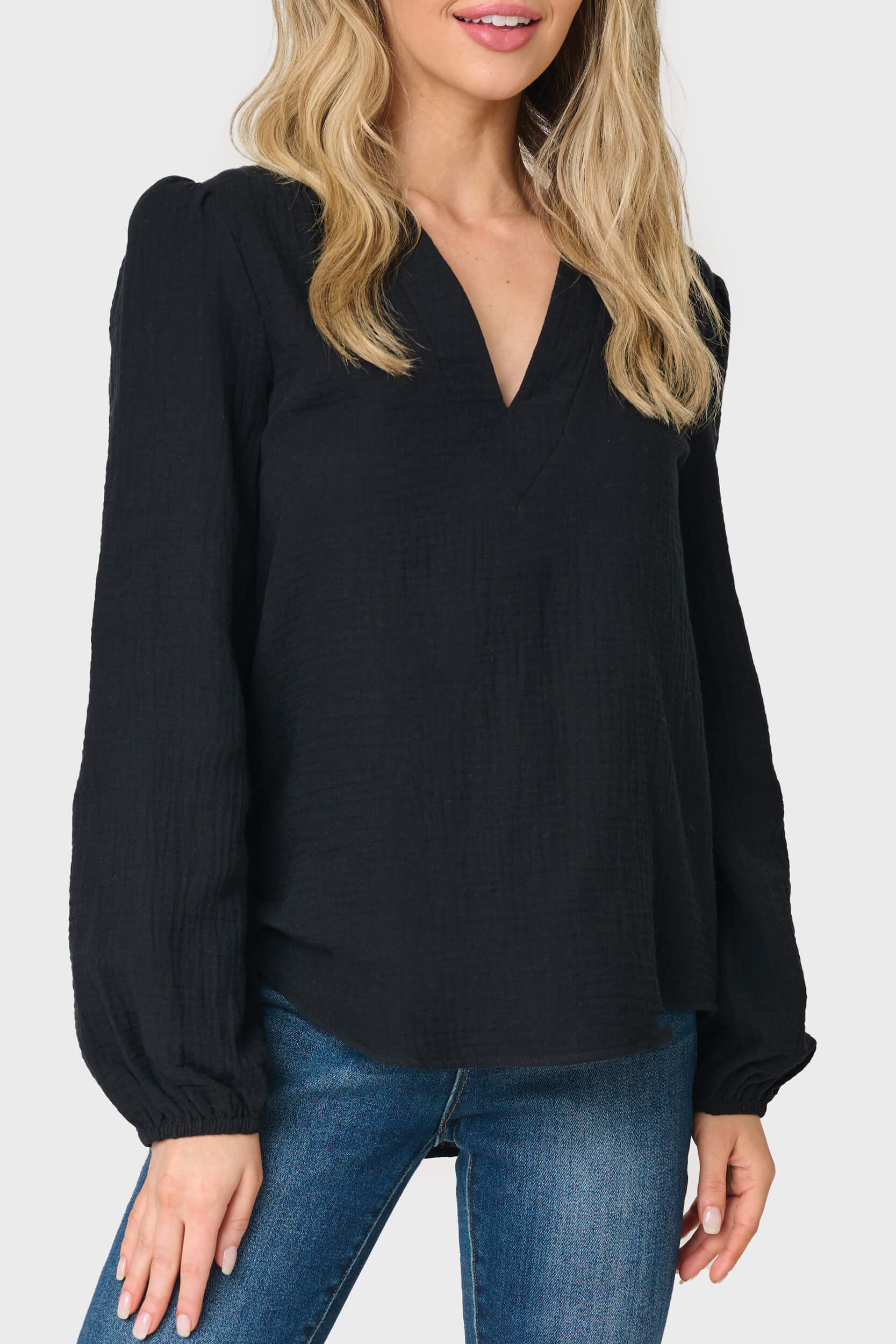 Meadow Bracelet Sleeve V-Neck Gauze Top | Gibson