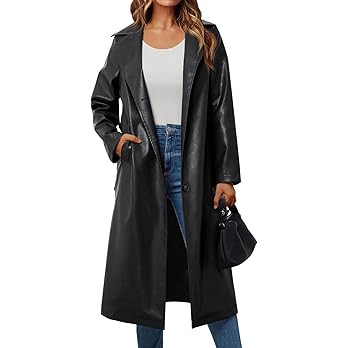 Trendy Queen Womens Long Lapel Faux Leather Jackets Trench Dress Coat Blazer Three Breasted Open ... | Amazon (US)