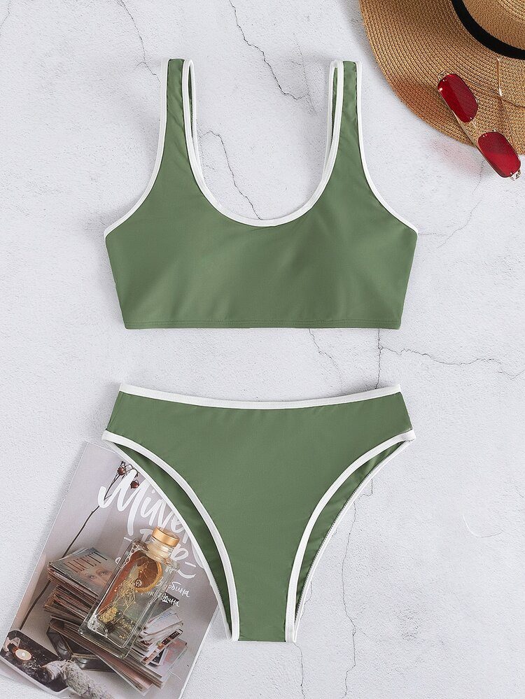 Plain Contrast Binding Bikini Swimsuit | SHEIN