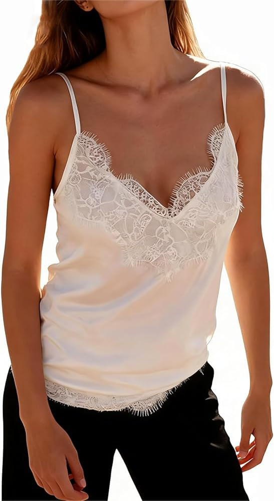 Lace Trim Satin Cami Top for Women Sleeveless Tank Tops Summer Sexy V Neck Spaghetti Strap Floral... | Amazon (US)