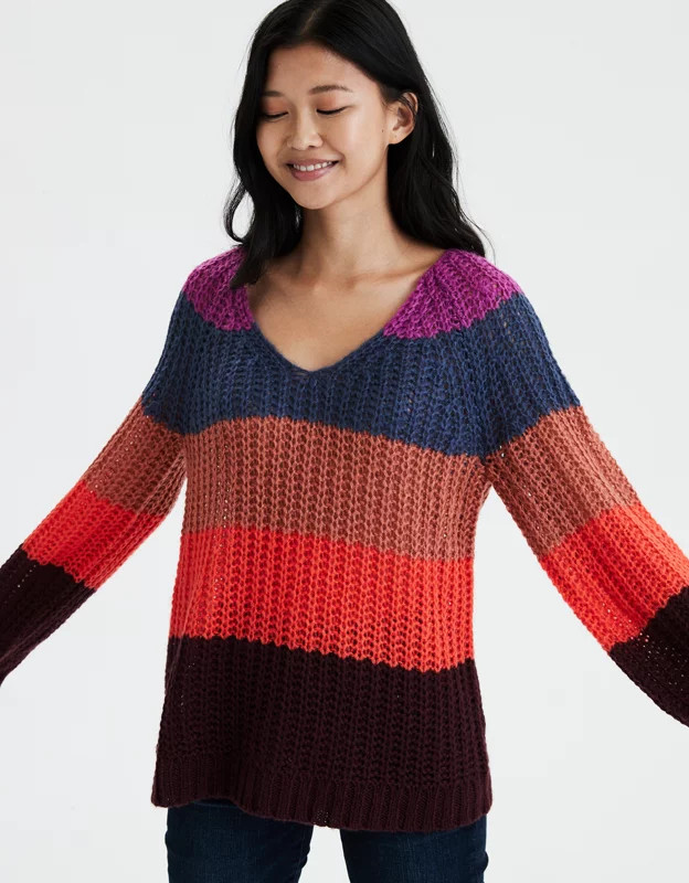 AE Striped V-Neck Oversized Sweater | American Eagle Outfitters (US & CA)
