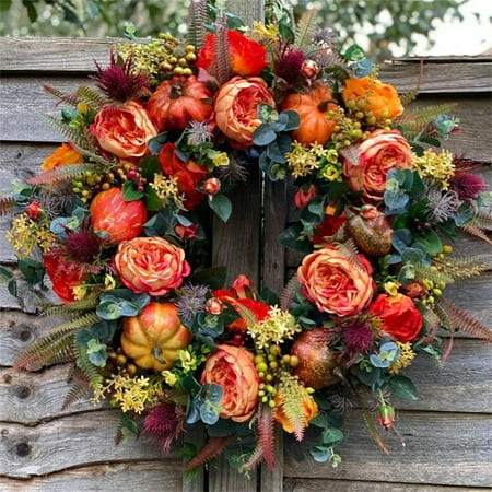 Interior Decoration Artificial Fall Wreaths For Front Door Rustic Autumn Wreath With Pumpkin Rose Berry Branchesm Mixed Leaves Wreath Fall Door Wreath For Thanksgiving Indoor Outdoor Decor | Walmart (US)