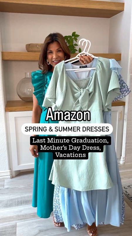 First dress: in small, color: Green B
2nd dress: in small, color: Green
3rd dress: in small, color: Blue a
4th dress: in small: Solid Light Blue
Sandals fit tts
Wearing either strapless bra or pasties with dresses 1,2,3,(linking my favs).
Mother’s Day Dress, Graduation Dress, Vacation Outfit, Vacation Style, Sandals, Wedding Guest Dress, Bridal Events, Special Occasion, Amazon finds, Petite Style 

#LTKFindsUnder50 #LTKVideo #LTKOver40