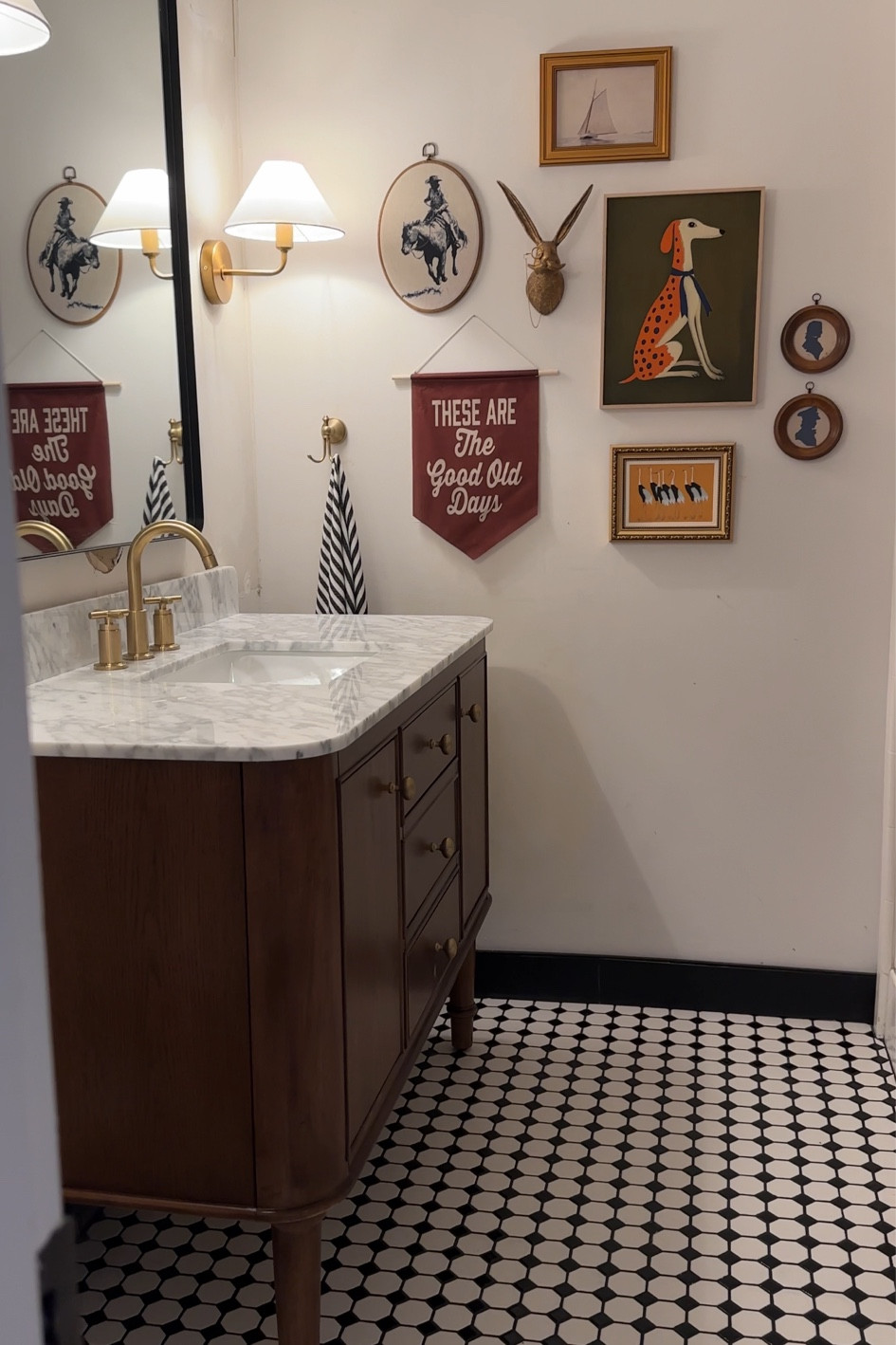 Kids bathroom, art, vanity, faucet, sconces, tile, mirror

#LTKHome