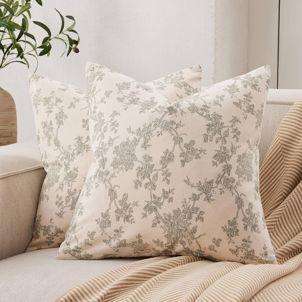 100% Cotton French Pastoral Throw Pillow Covers Set of 2, 18x18 Inch Green Farmhouse Decorative C... | Amazon (US)