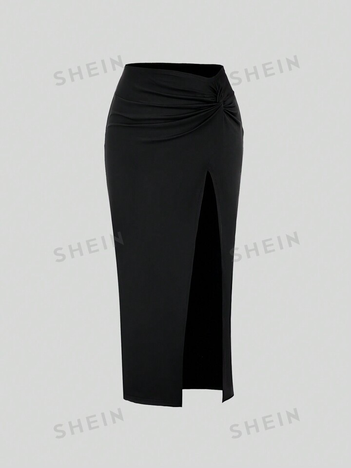 SHEIN MOD Women's Solid Color Twisted Knot Detail Split Midi Skirt | SHEIN