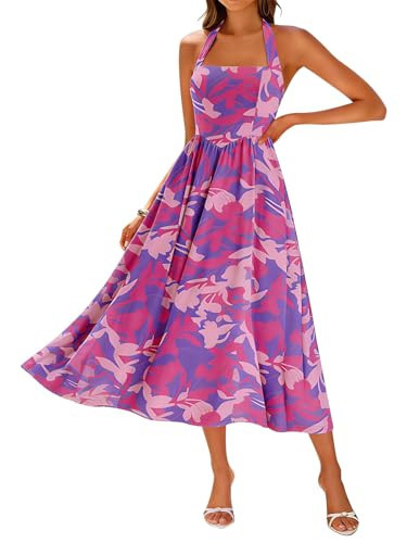 Sureple Summer Casual Party Dresses Floral Sleeveless Halter Neckline Women's Guest Dress for Wedding with Pockets (SP640-Blue Red F 02-XL) | Amazon (US)