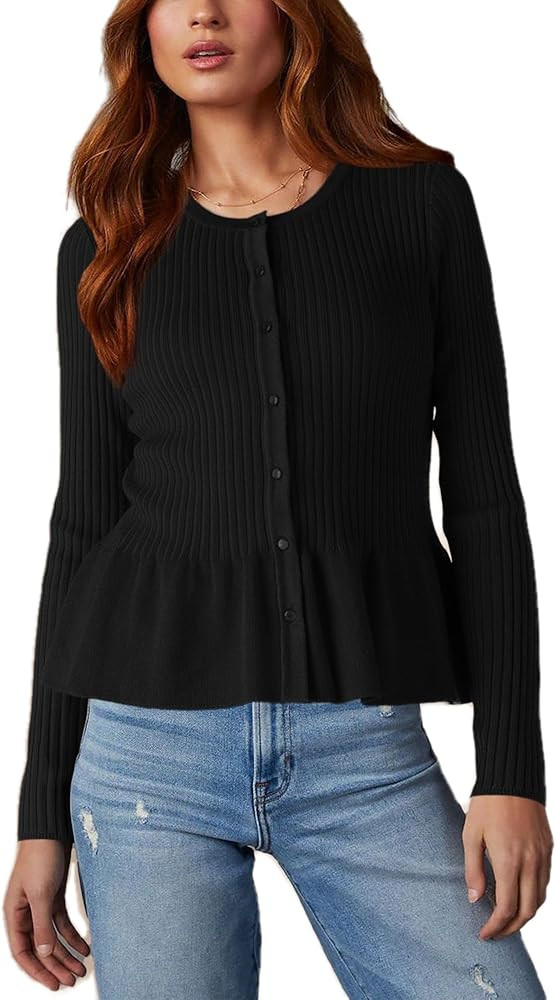 Beautiful Nomad Women's Long Sleeve Cardigan Peplum Sweater Crew Neck Button Tops Knit Ribbed Ele... | Amazon (US)