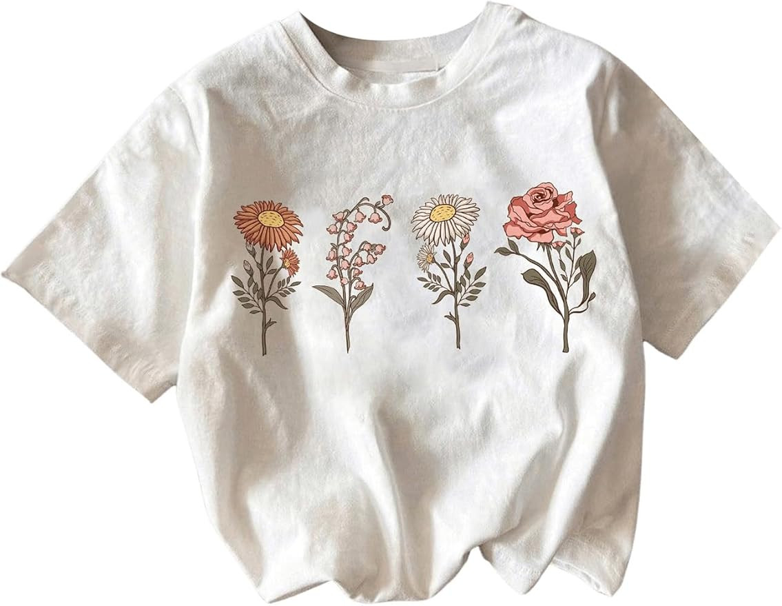 Girl's Floral Print Short Sleeve Tee Shirt Round Neck Summer Casual Tee Tops | Amazon (US)