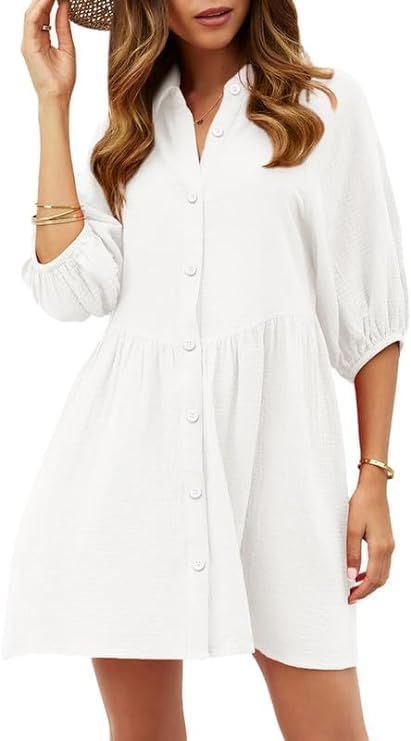 Dokotoo Women's Summer Dress V Neck 3/4 Puff Sleeve Button Down Cotton Shirts Dresses | Amazon (US)