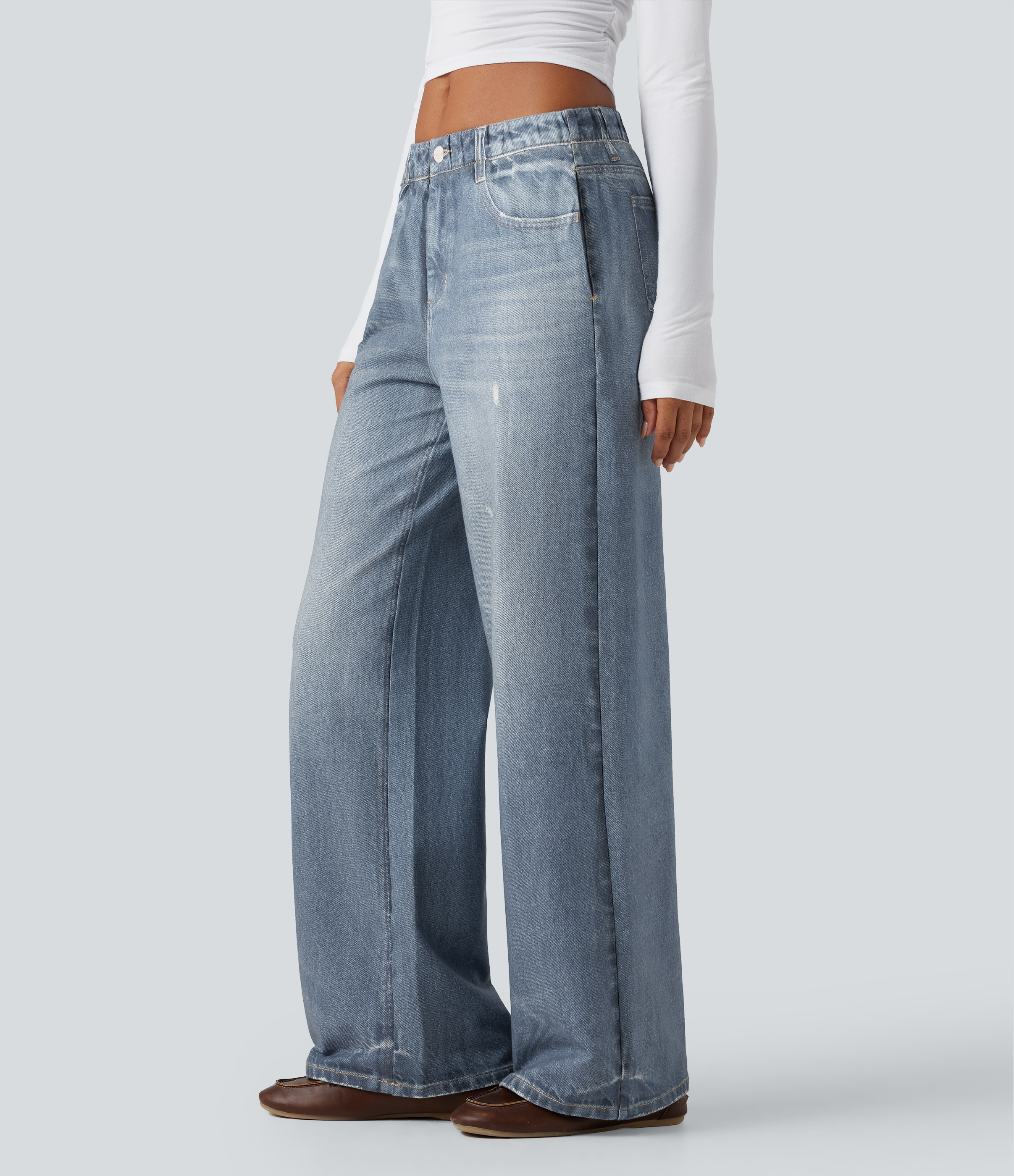 Halara Halara Flex™ Mid Rise Wide Leg Casual French Terry Sweatpants Jeans with Pockets  - Light Ocean Denim - L(regular) | HALARA