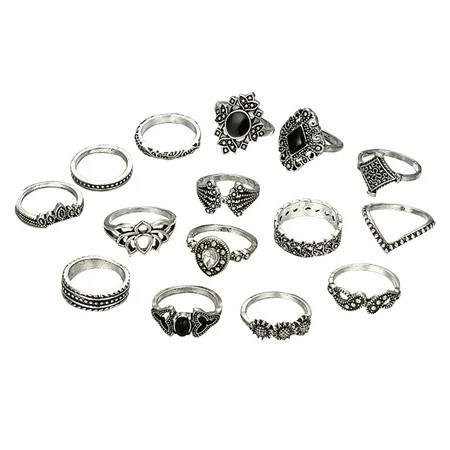 15 Pcs/set Bohemian Retro Crystal Flower Leaves Hollow Lotus Gem Silver Ring Set Women Wedding Anniv | Walmart (US)