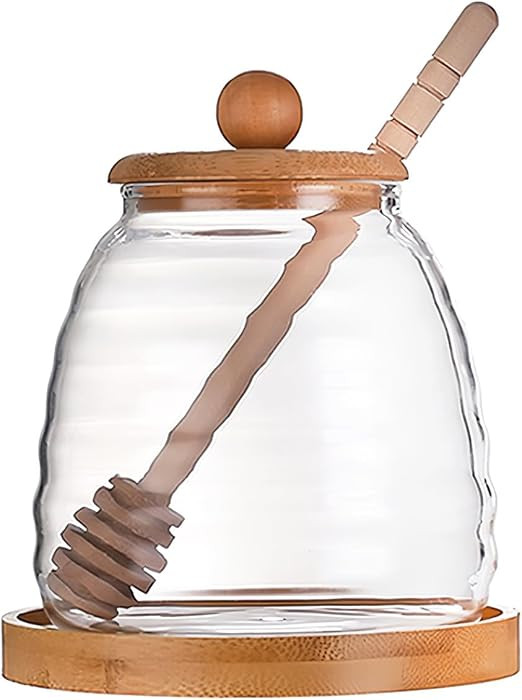 16.7 Oz Glass Honey Jar with Dipper and bamboo Lid Honey Pot Honey Container Holder Syrup Dispens... | Amazon (US)
