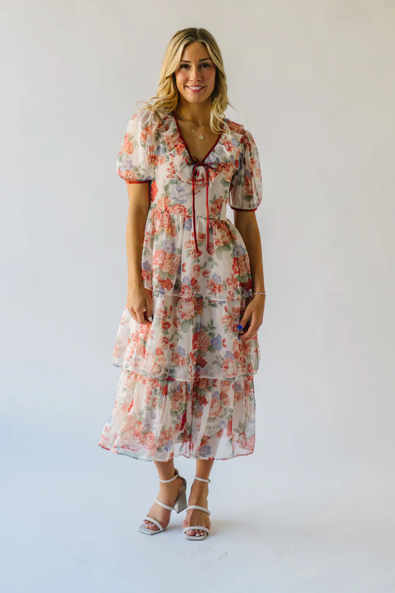 The Linford Floral Midi Dress in Peach + Red | Piper & Scoot