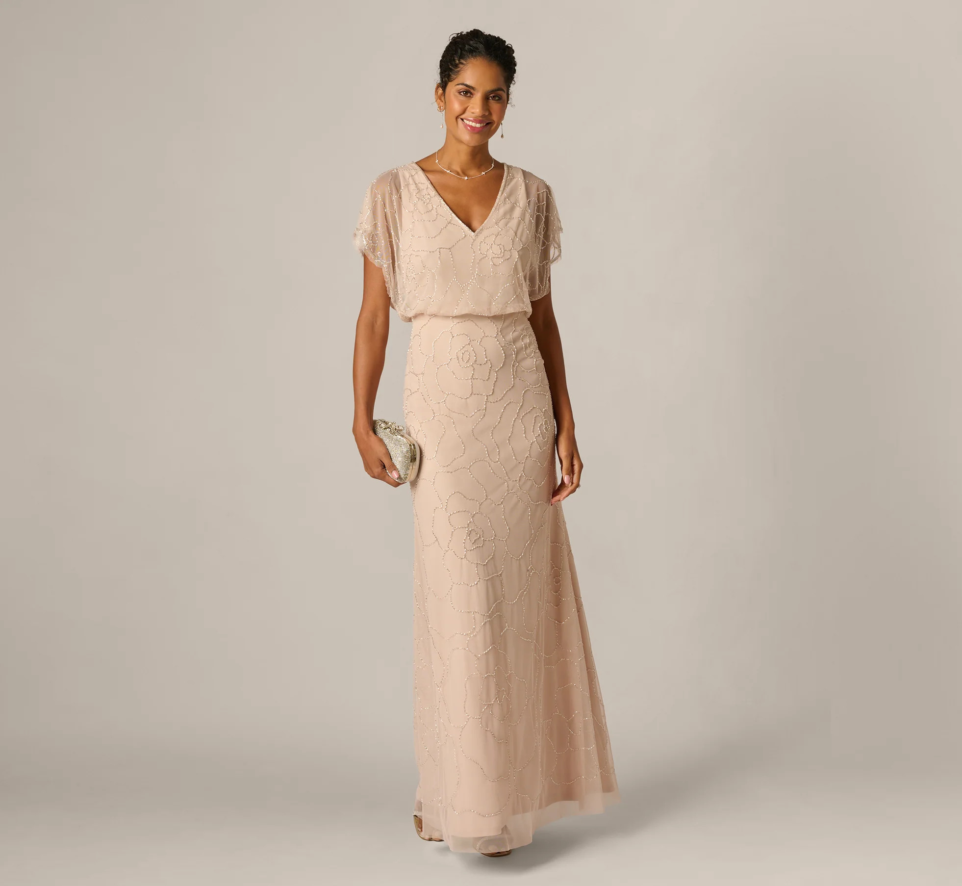 Short Sleeve Blouson Rose Floral Beaded Gown In Shell | Adrianna Papell