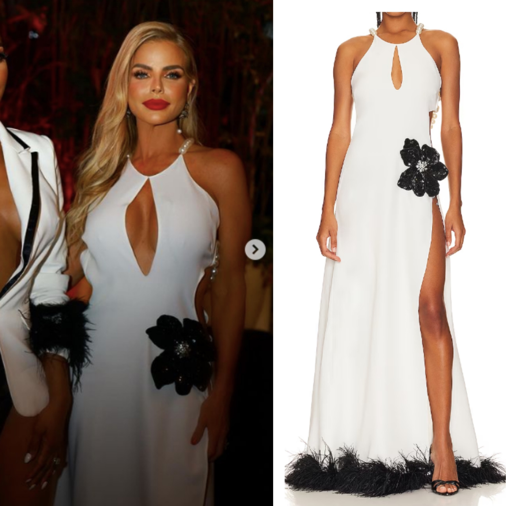 Alexia Echevarria’s White Keyhole Gown With Black Flower Appliqué and Feather Trip 📸 = @guerdydesign