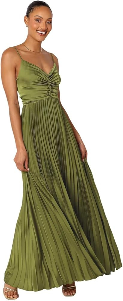 Satin V Neck Bridesmaid Dresses with Pleated Long Maxi Dress Aline Formal Evening Gowns PU290 | Amazon (US)