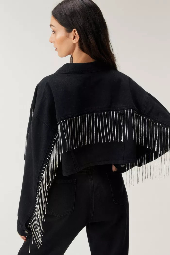 Embellished Fringe Trim Cropped Denim Jacket | Boohoo.com (UK & IE)