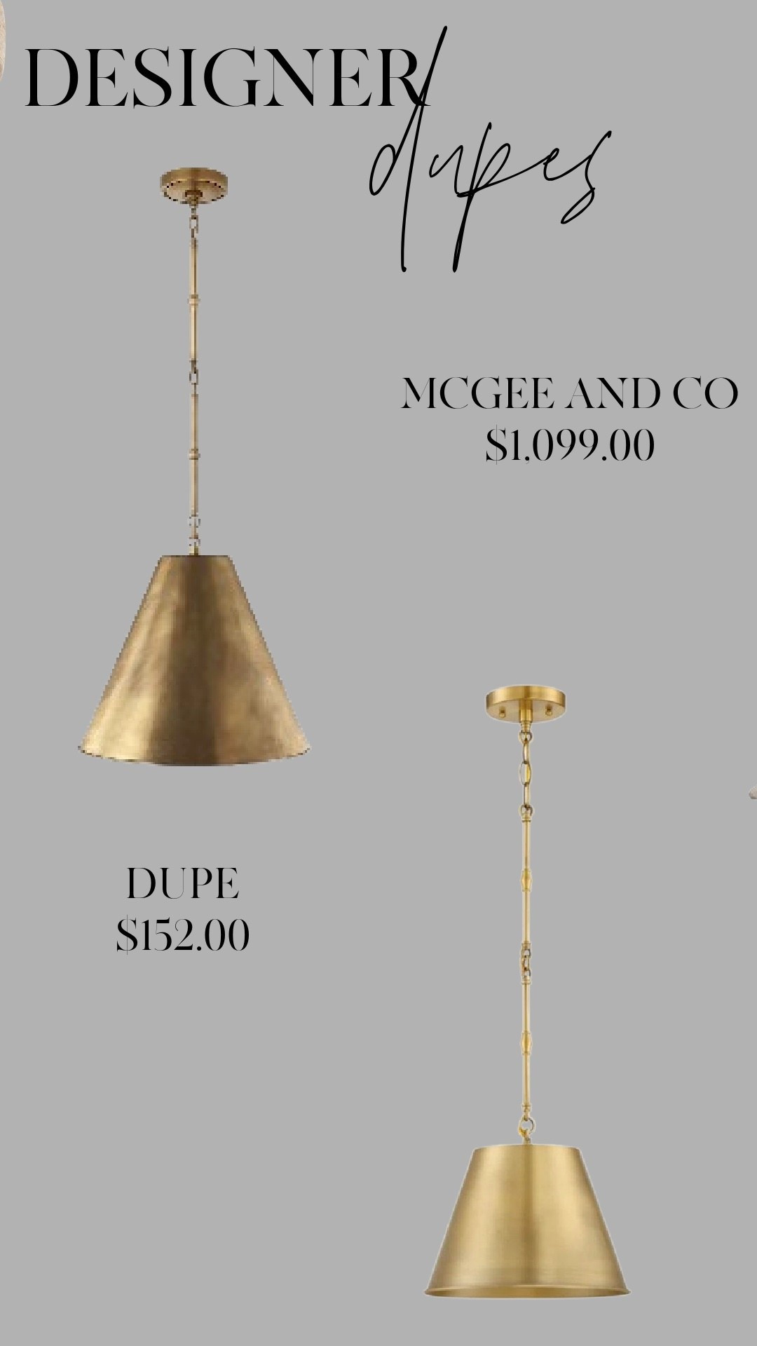 Designer look, without the price tag 👏 This $152 pendant gives the same high-end vibe as the $1,099 McGee & Co. version. Tap to shop both and get the look for less. #lookforless #designerdupes #neutralhome #modernclassic #LTKhome #brasslighting #budgetfriendlystyle #dupefinds #LTKdupe #interiorinspo

#LTKSaleAlert #LTKHome