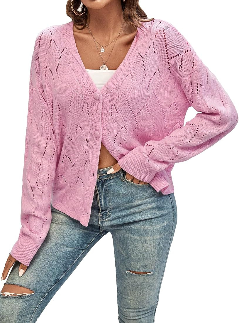 MakeMeChic Women's V Neck Drop Shoulder Button Front Rib Knit Casual Cardigan | Amazon (US)