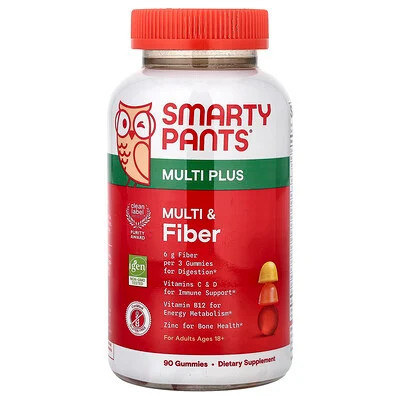 SmartyPants, Multi Plus, Multi & Fiber Gummies, Strawberry, Orange & Lemon, 90 Gummies | iHerb