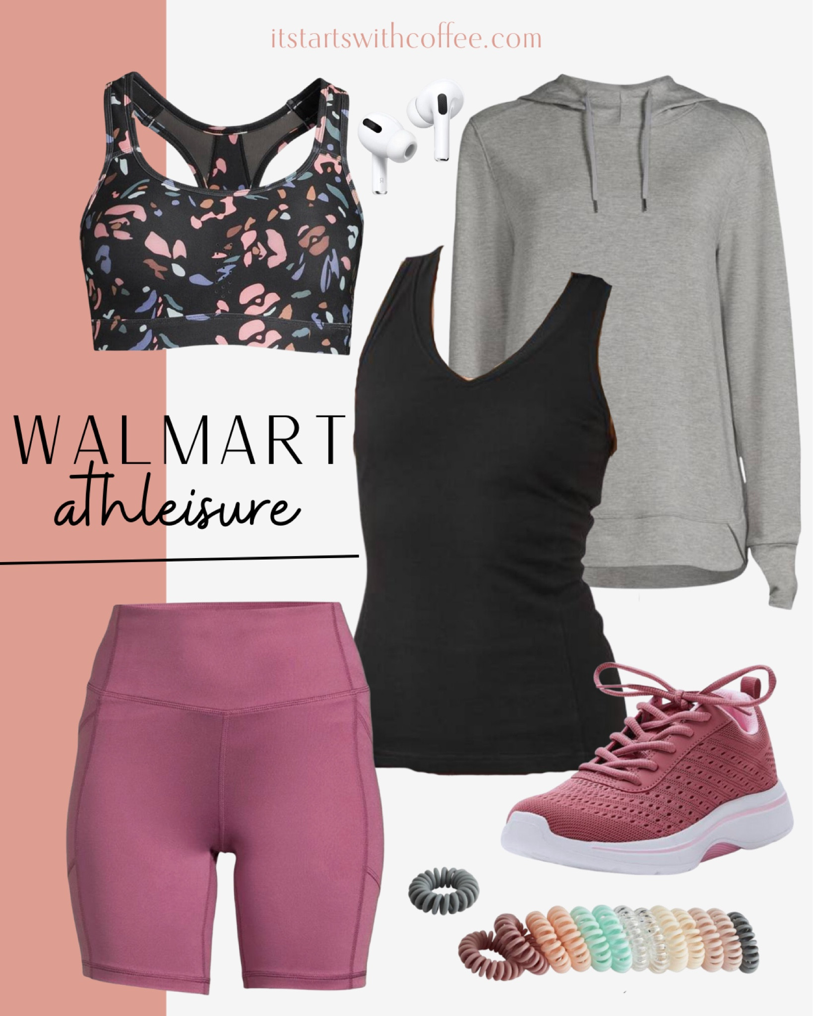 Walmart athleisure includes pink Nike shorts, black tank, grey hoodie, pink sneakers, floral sports bra, AirPods, and hair ties.

Athleisure, exercise clothes, casual outfit, Walmart finds, affordable athleisure 

#LTKstyletip #LTKfit #LTKunder50