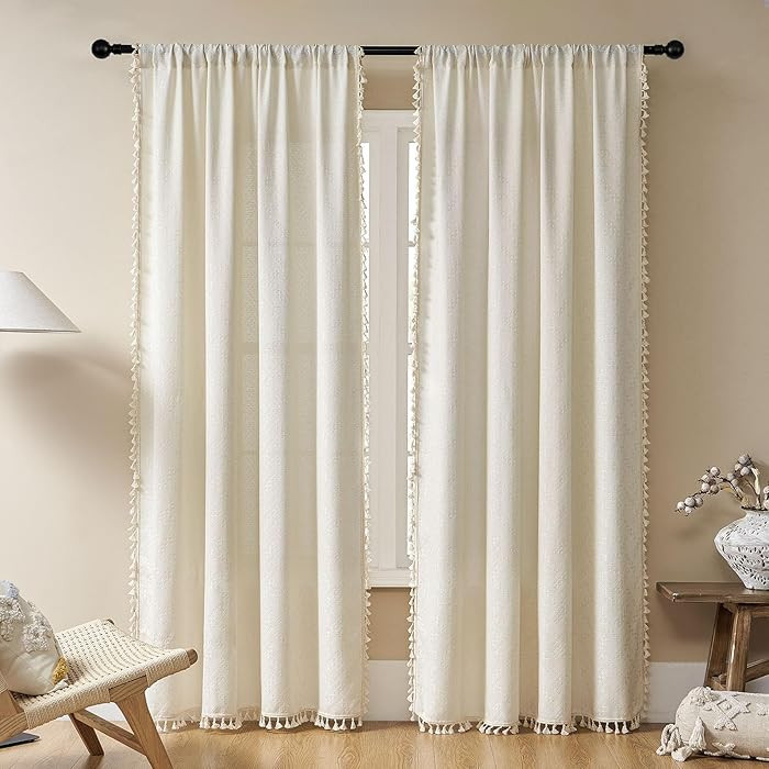 Joydeco Natural Linen Beige Boho Curtains - 84 Inch Length 2 Panels, Super Soft Bohemian Farmhous... | Amazon (US)