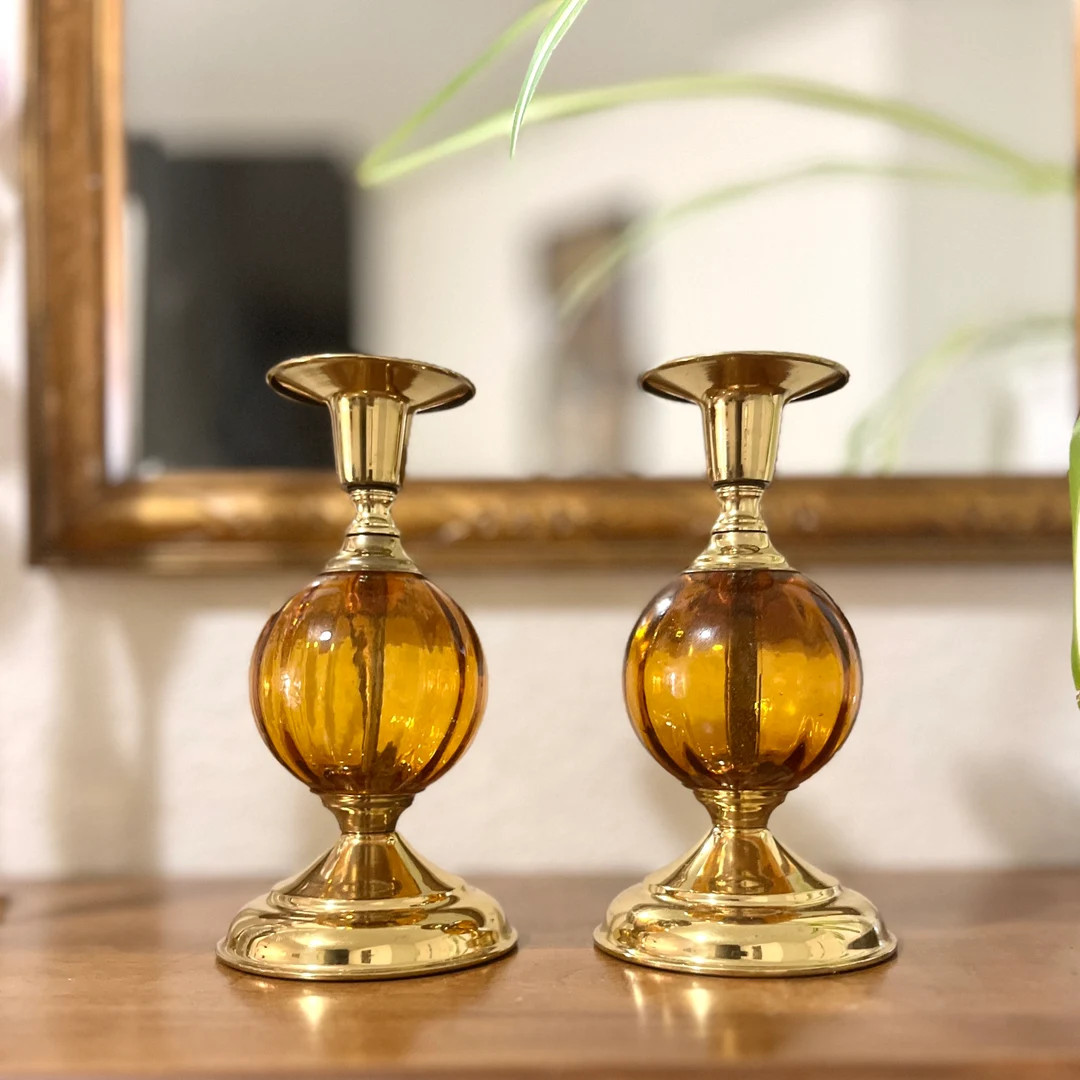 Vintage Brass Candlestick Holders set of 2 / Retro Amber Glass Candle Holders / MCM Brass Candles... | Etsy (US)