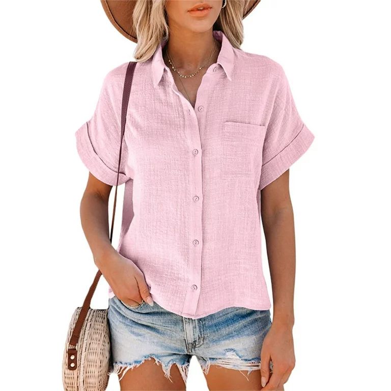 Sexy Dance Women Summer Button Down Blouse Shirts Cotton And Linen Short Sleeve V Neck Casual Loo... | Walmart (US)