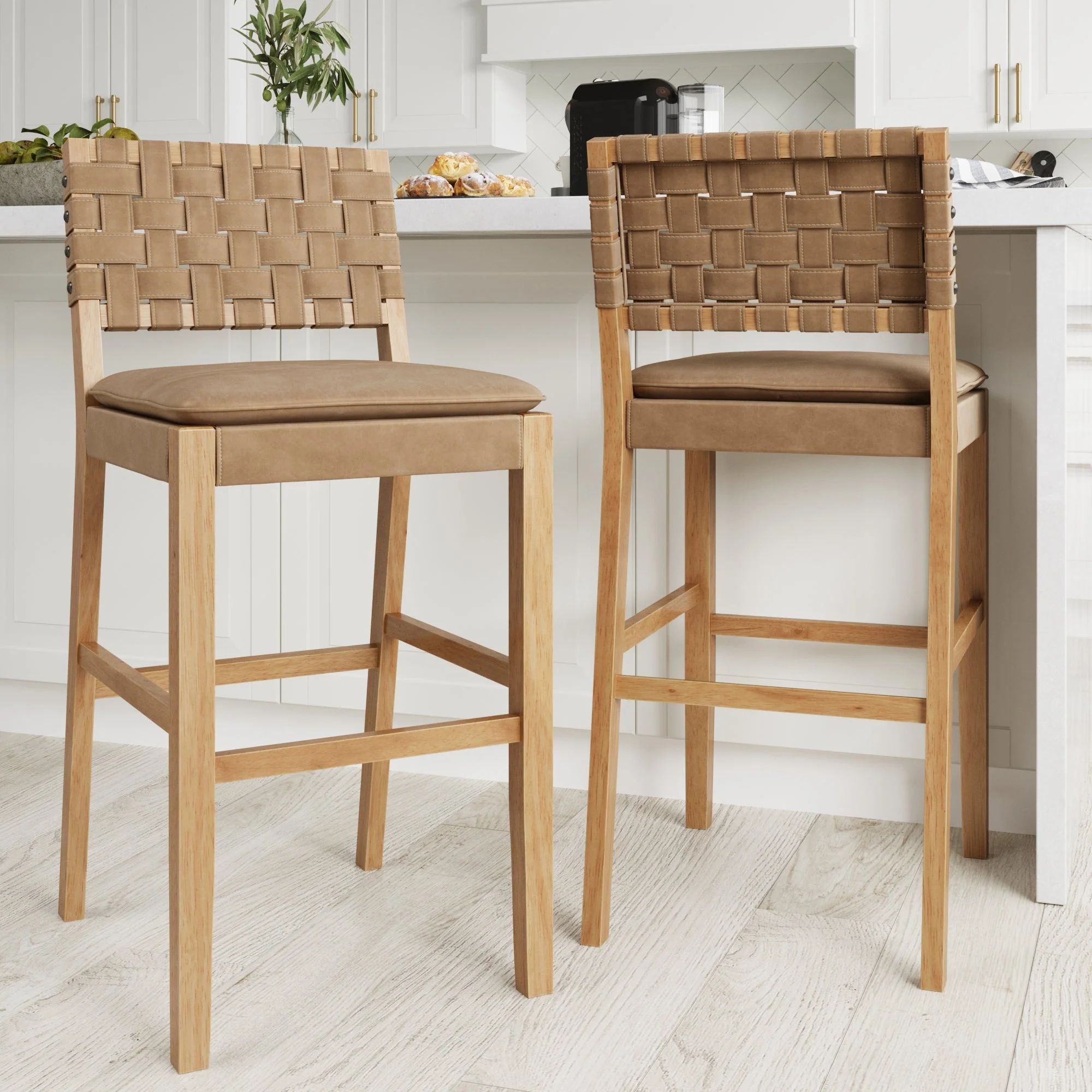 Set of 2 Faux Leather Woven Bar Stools Brown | Nathan James