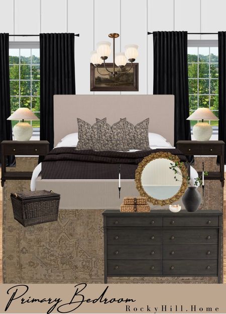 Black and tan primary bedroom, Master suite, slipcovered bed, black quilt, antique rug, pottery barn dresser, Chris Loves Julia chandelier, gold mirror, McGee and Co decor

#LTKunder100 #LTKhome #LTKstyletip