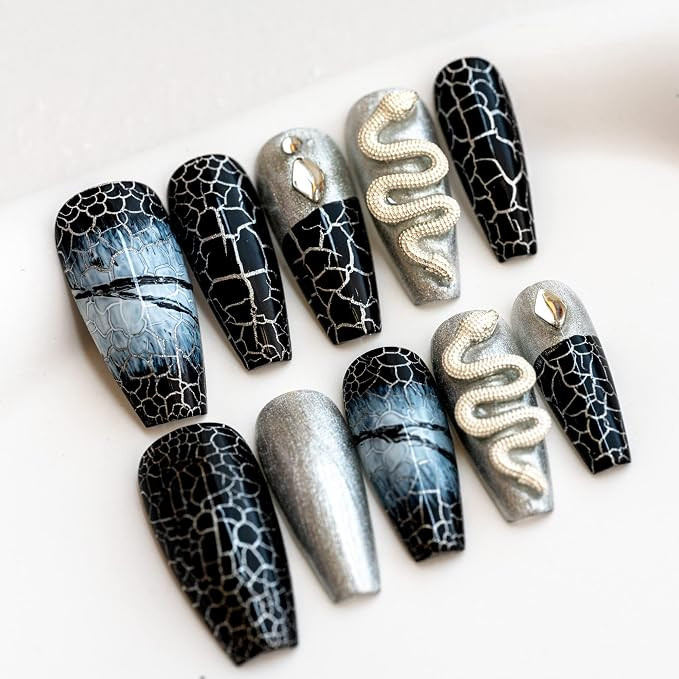 Sun&Beam Nails Handmade Press On Nail Coffin Ballerina 3D Snake Black Acrylic Fake Tip Design Art... | Amazon (US)