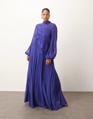 ARRANGE Curve applique floral tie neck blouson sleeves trapeze maxi dress in cobalt blue | ASOS | ASOS (Global)