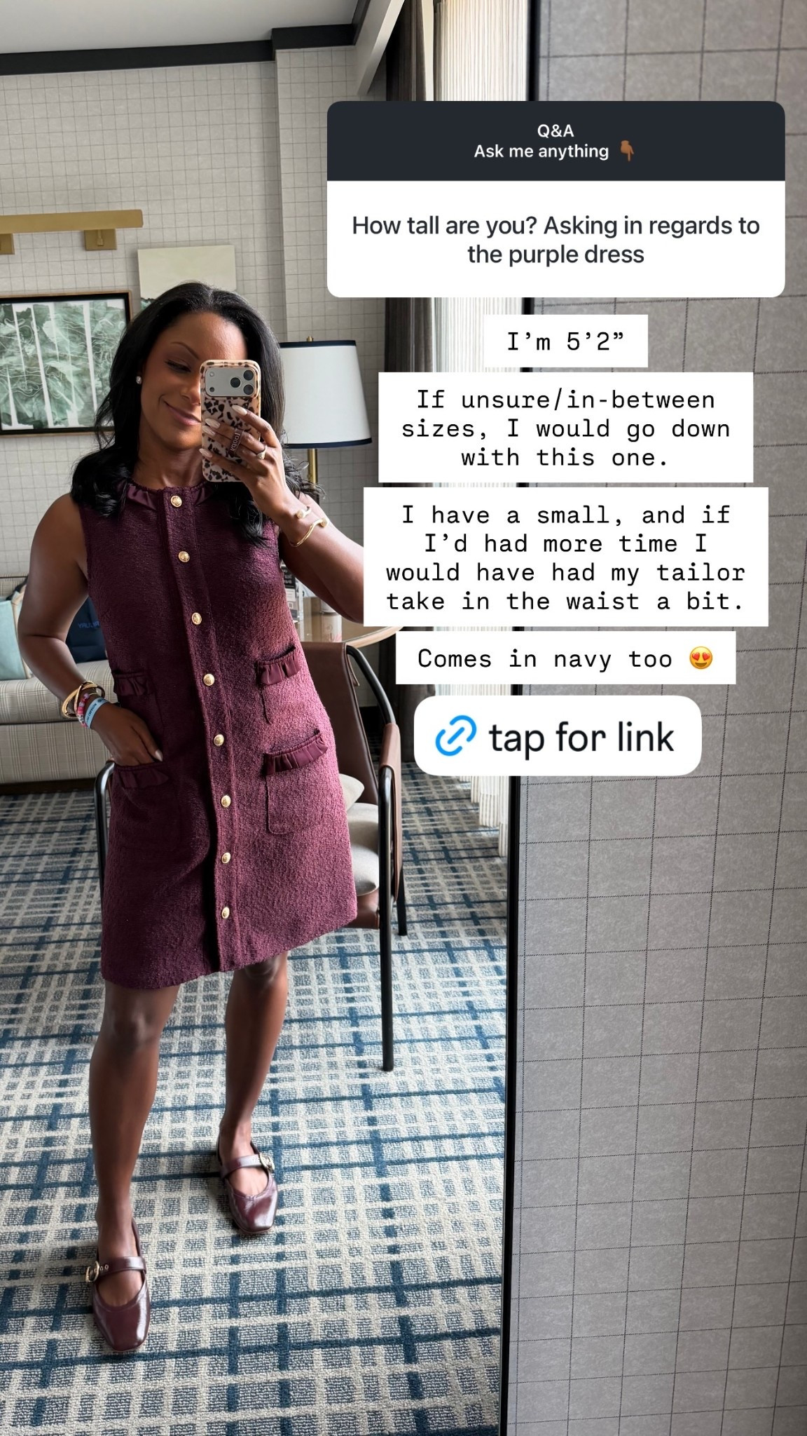 I’m 5’2”

If unsure/in-between sizes, I would go down with this one.

I have a small, and if I’d had more time I would have had my tailor take in the waist a bit.

Comes in navy too 😍