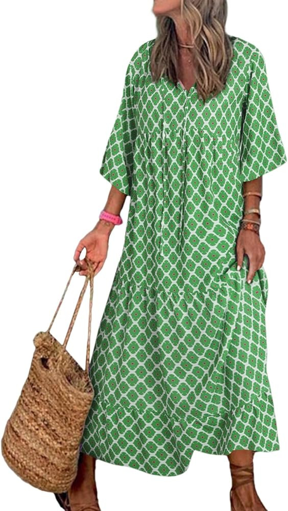 Dokotoo Women Boho Maxi Dresses 2024 V Neck Long Puff Sleeve Smocked Ruffle Flowy Casual Dress | Amazon (US)