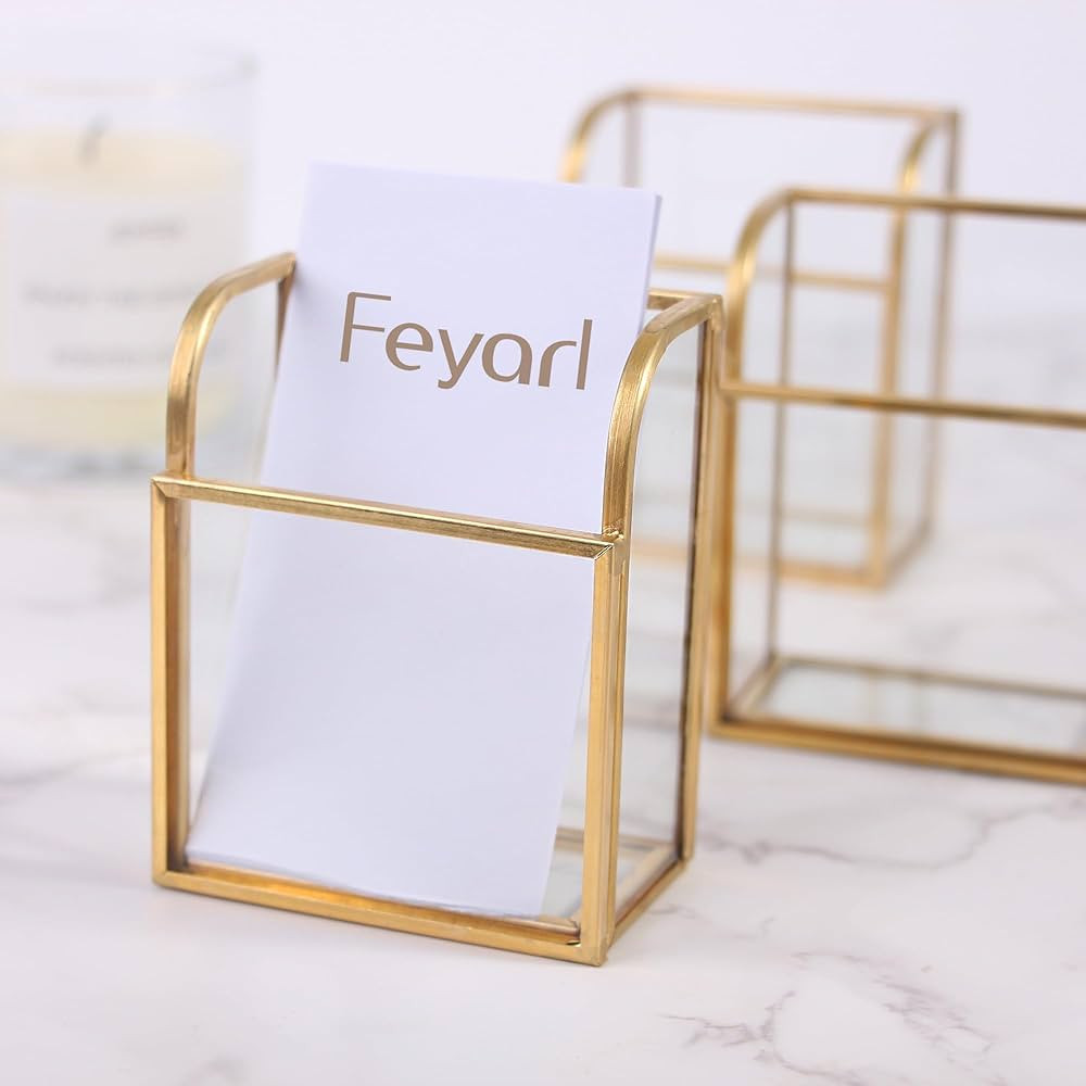 Feyarl 1pcs Gold Glass Business Card Holder Stand Vertical Business Card Display Clear Business N... | Amazon (US)