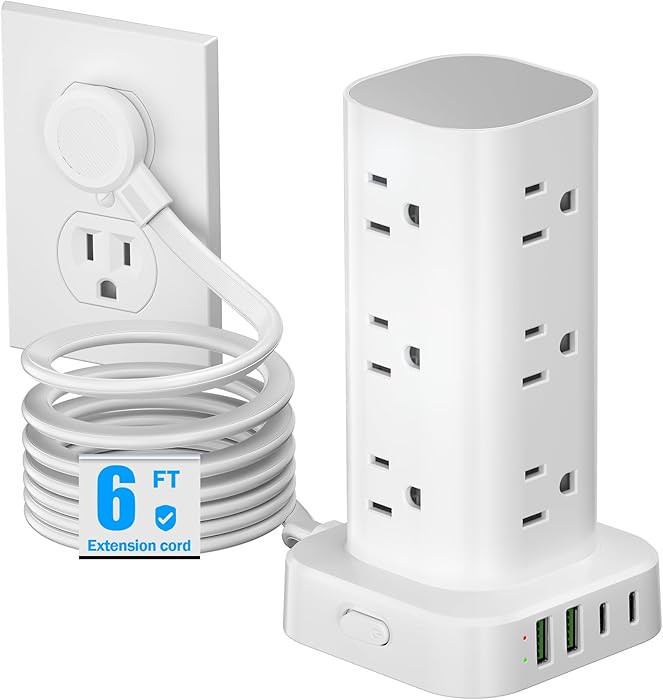 Tower Power Strips with Surge Protection, 6FT Flat Extension Cord with Multiple Outlets, 12 AC 4 ... | Amazon (US)