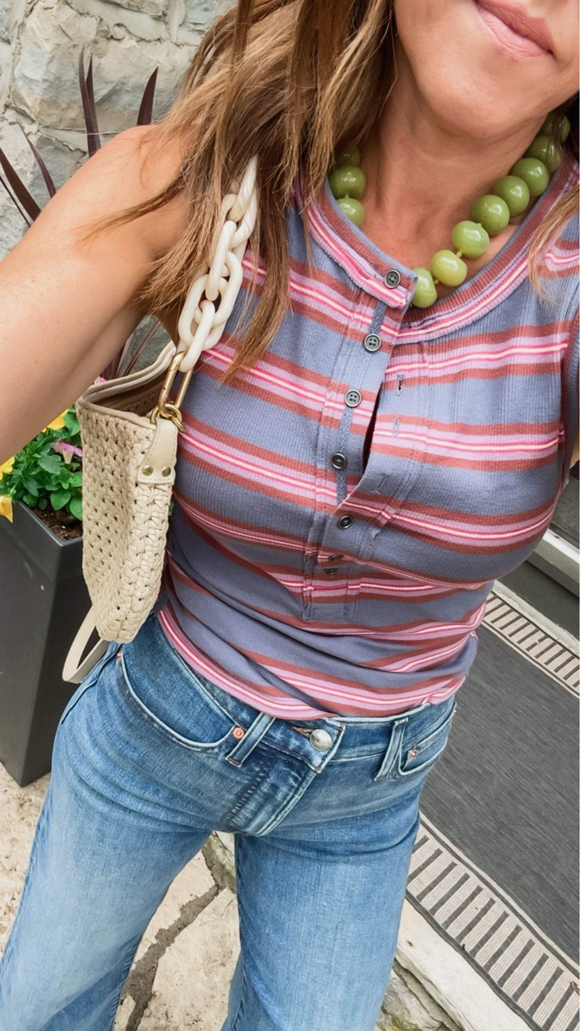 Love this casual outfit combo. 
I sized up to small in tank for a slightly looser fit. 
Jeans tts, 25 here. 
Red jelly flip flops.

#LTKmomlife #LTKSeasonal #LTKOver40