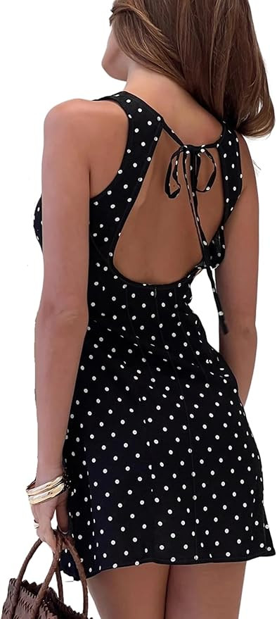 WDIRARA Women's Polka Dots Mini Dress Crew Neck Sleeveless Backless Short Party Dresses | Amazon (US)