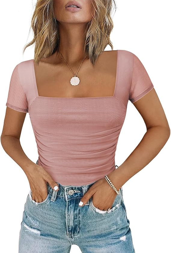 Chunpin Women's Square Neck Bodysuit Ruched Top Mesh Long Sleeve Bodysuits Thong Body Suits Leota... | Amazon (US)