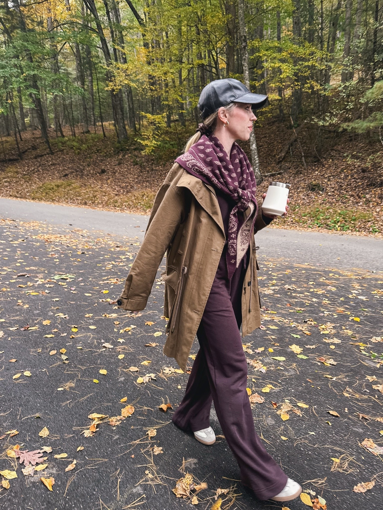 Casual fall outfit, fall travel outfit, @Guest In Residence bandana scarf, burgundy joggers, burgundy fall outfit