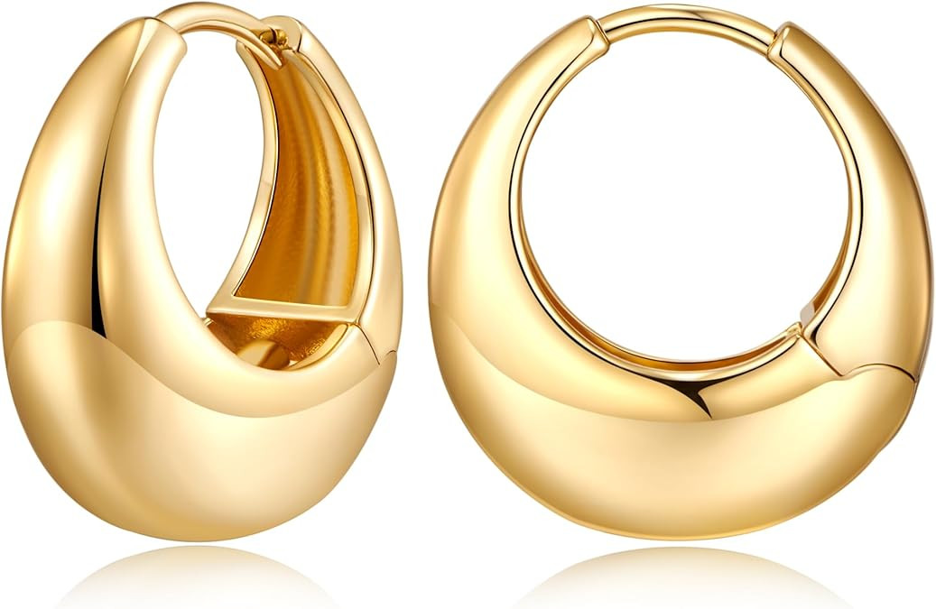 Chunky Hoop Earrings for Women 14K Gold Plated Small Huggie Hoops Lightweight Hypoallergenic Jewe... | Amazon (US)