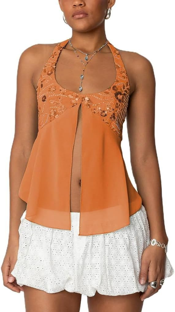 KOSUSANILL Sequin Tank Top Y2k Women Sleeveless Spaghetti Strap Sexy Sparkly Beaded Crop Cami Mes... | Amazon (US)