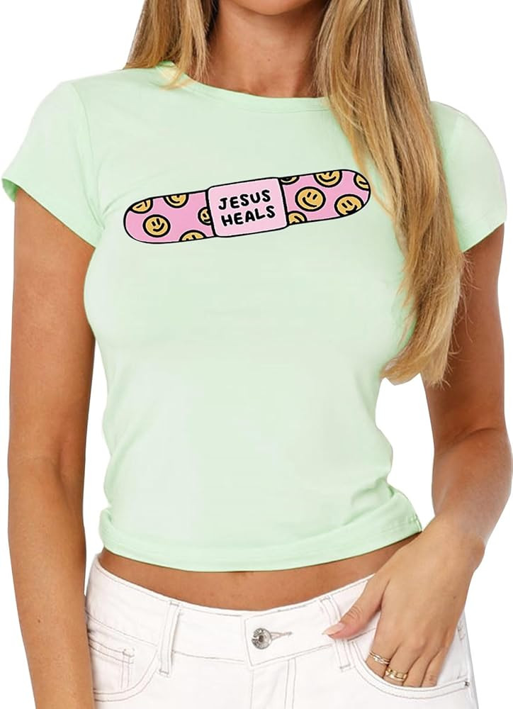 Women Cute Christian Graphic Y2k Basic Baby Tee T Shirts Cotton Crew Neck Short Sleeve Slim Fitte... | Amazon (US)