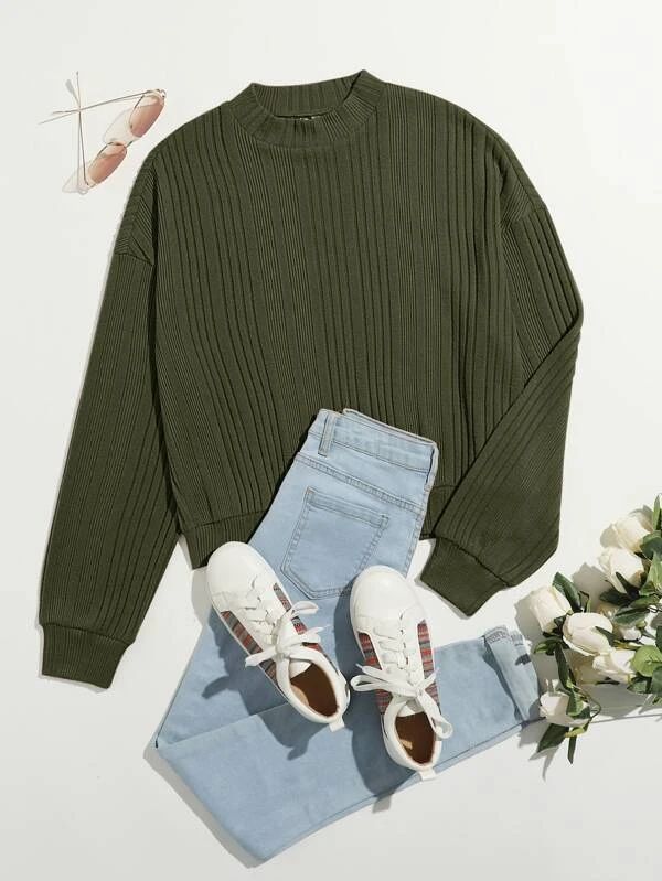 HomeWomen ClothingWomen SweatshirtsSHEIN EZwear Drop Shoulder Rib-knit Solid Pullover | SHEIN