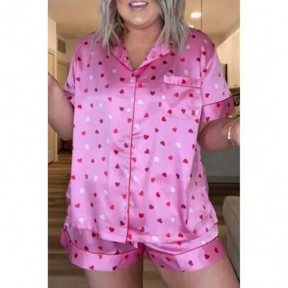 Pink Valentine Heart Shape Print Plus Size Sleepwear | SHEIN